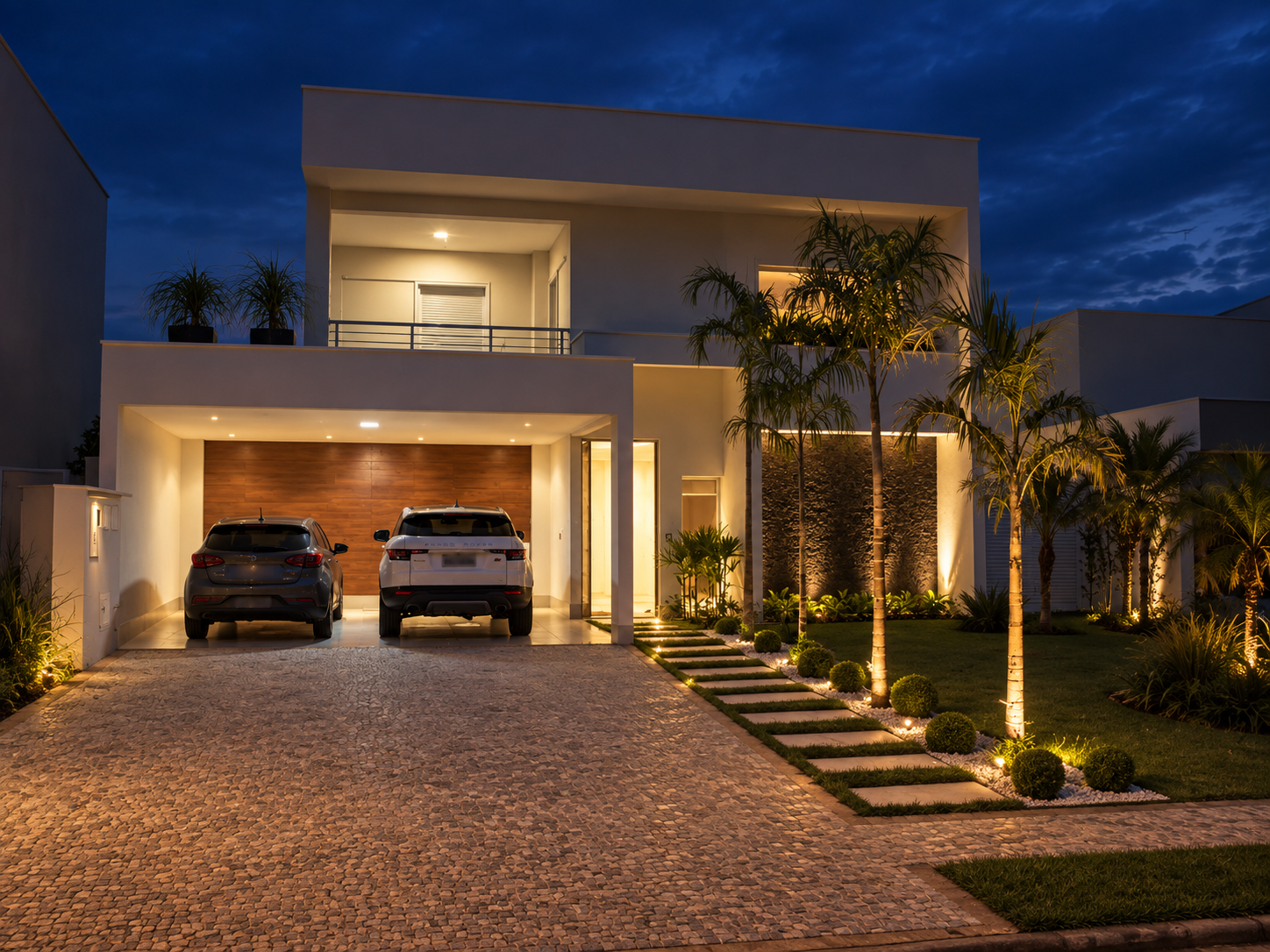Illuminated facade of Casa Prima at night