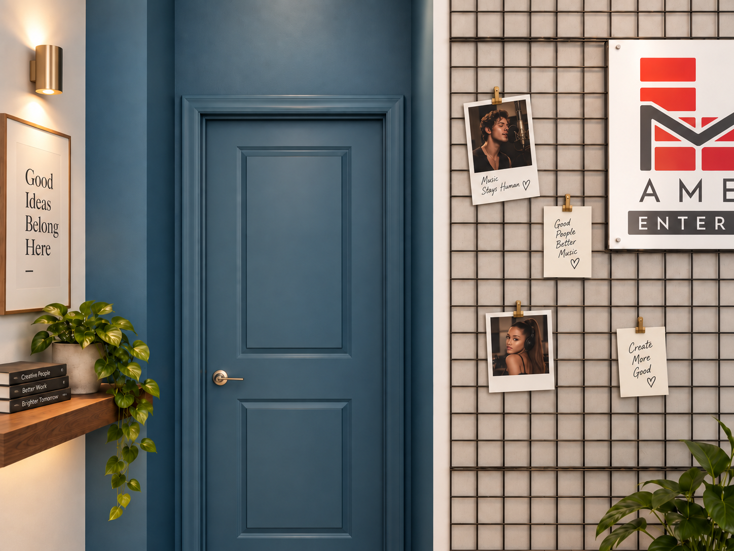 Blue door and display grid with photographs and MS America sign